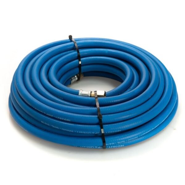Coiled blue garden hose ready for use