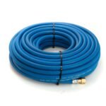 Coiled blue garden hose with metal connector