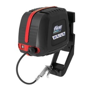 Compact black and red air compressor unit.