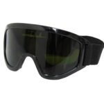Black ski goggles with dark lenses and strap
