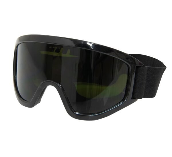 Black ski goggles with dark lenses and strap