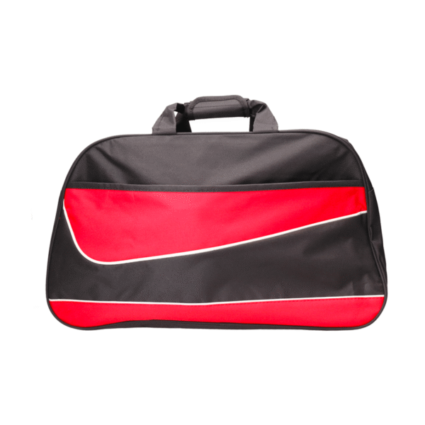 Black and red sports duffle bag with handle.