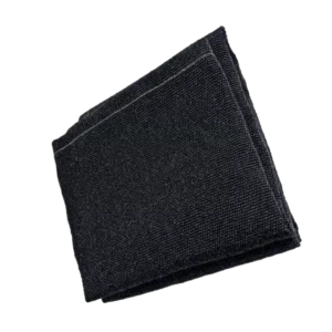 Black folded fabric wallet on white background.