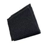 Folded black fabric wallet on a plain background.