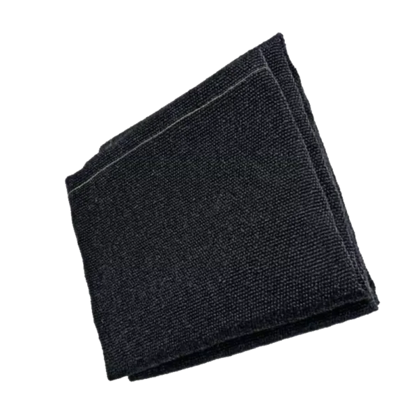 Folded black fabric wallet on a plain background.