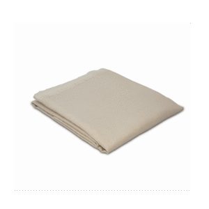 Folded beige blanket on a white background.