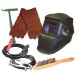 Welding helmet, gloves, and tools for safety.