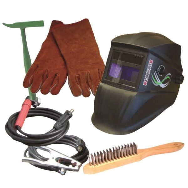 Welding gloves, helmet, and tools for welding.