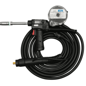 Welding torch with coiled cable and gauge.
