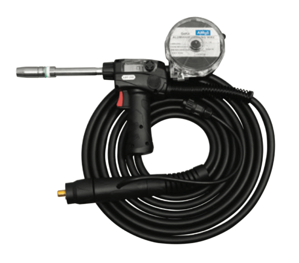 Welding torch with coiled cable and gauge.