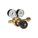 CO2 regulator with pressure gauges and adjustment knob.