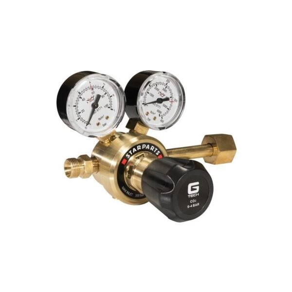 CO2 regulator with pressure gauges and adjustment knob.