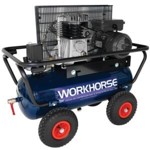 Heavy-duty air compressor with wheels and motor.