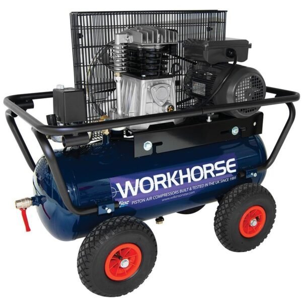 Heavy-duty air compressor with wheels and motor.