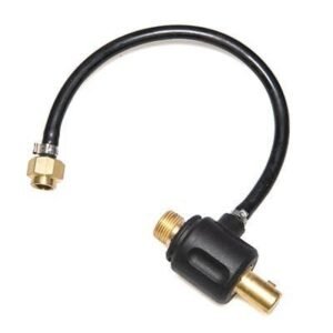 Hose connector with brass and black fittings.