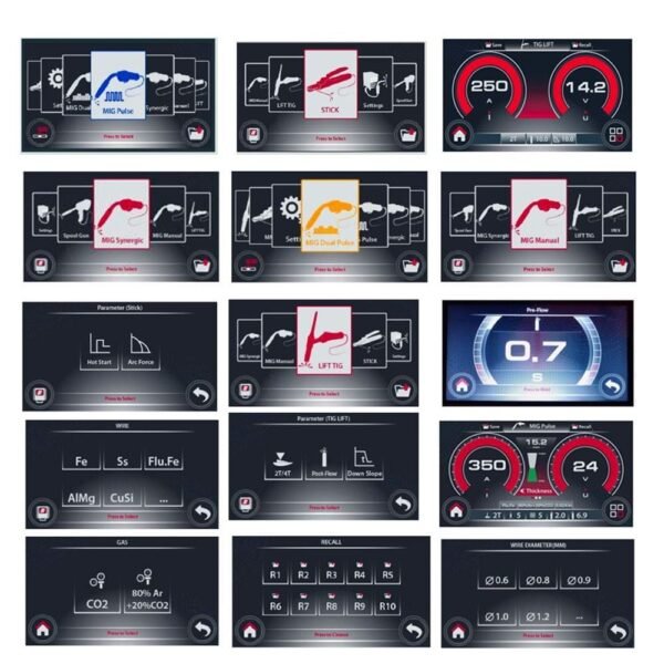 Welding machine interface with settings for modes and parameters.