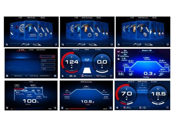 Welding machine control interface displaying various settings.
