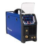 Blue welding machine with LCD interface and controls.