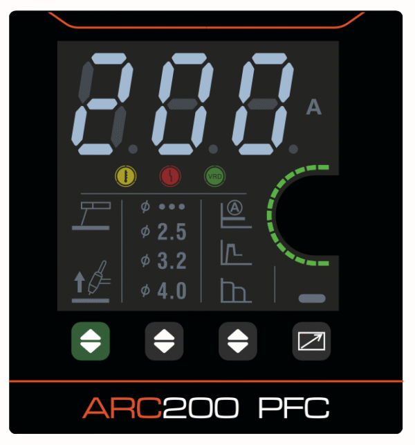 Digital display panel of ARC200 PFC welder.