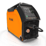 MIG welding machine with digital display and controls.