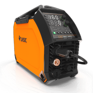 MIG welding machine with digital display and controls.