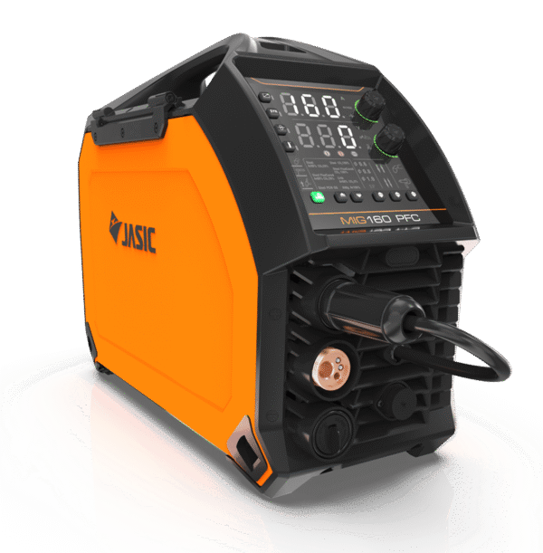 MIG welding machine with digital display and controls.