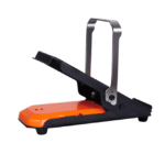 Orange and black desktop stapler in open position