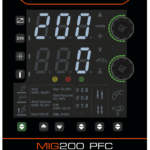 MIG200 PFC welding machine control panel display.