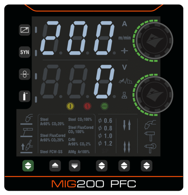 MIG200 PFC welding machine display panel.