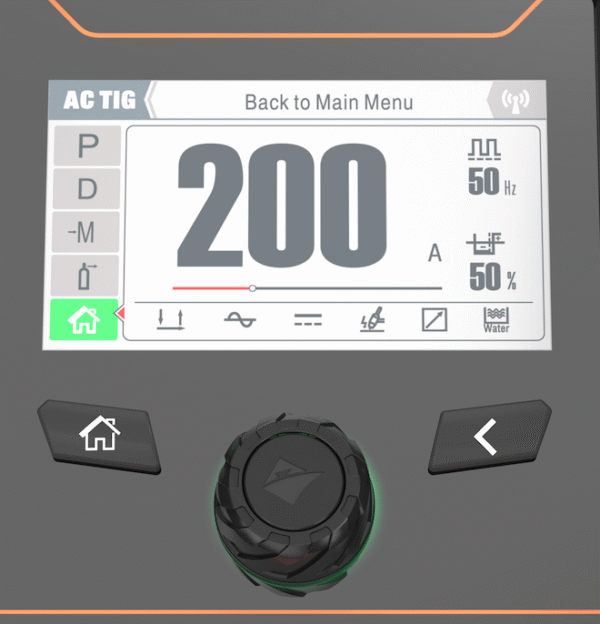 Welding machine control panel displaying settings.