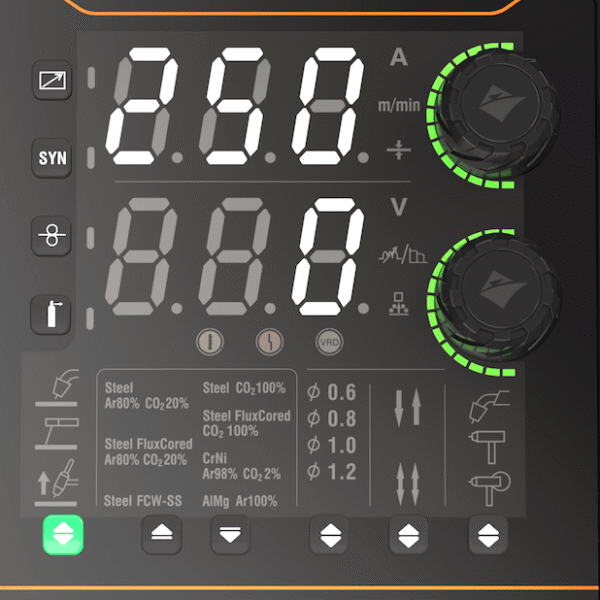 Welding machine digital display and settings.