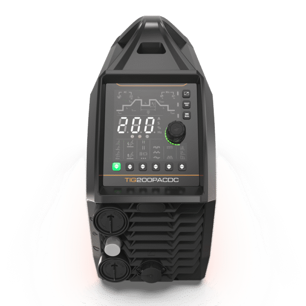 TIG welding machine with digital display and controls.