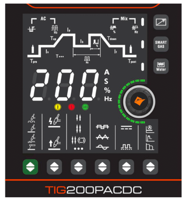 Control panel of TIG 200 PAC DC welder.