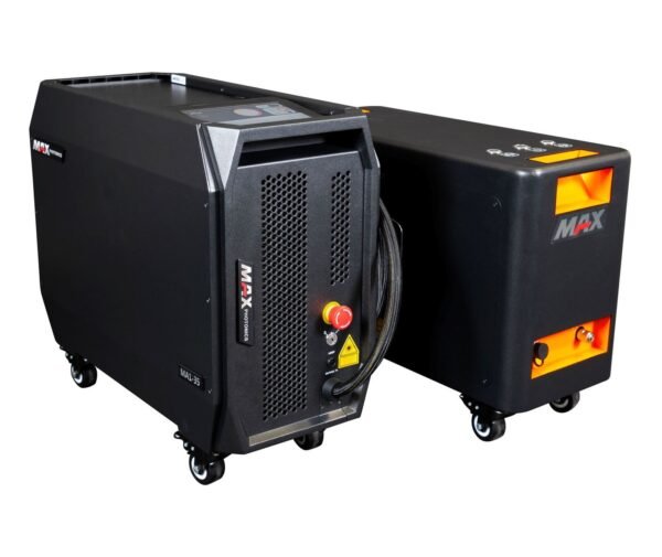 Laser engraving machine with two connected units.