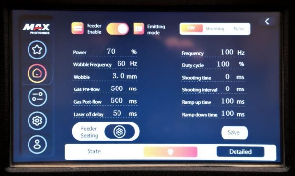 Control panel with laser settings and parameters