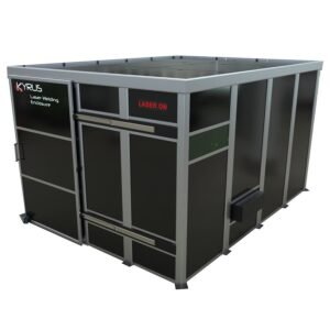 Laser welding enclosure with operational status display.