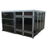 Black laser welding enclosure with safety features.