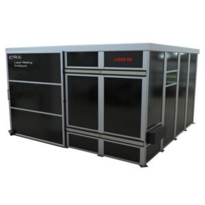 Black laser welding enclosure with safety features.