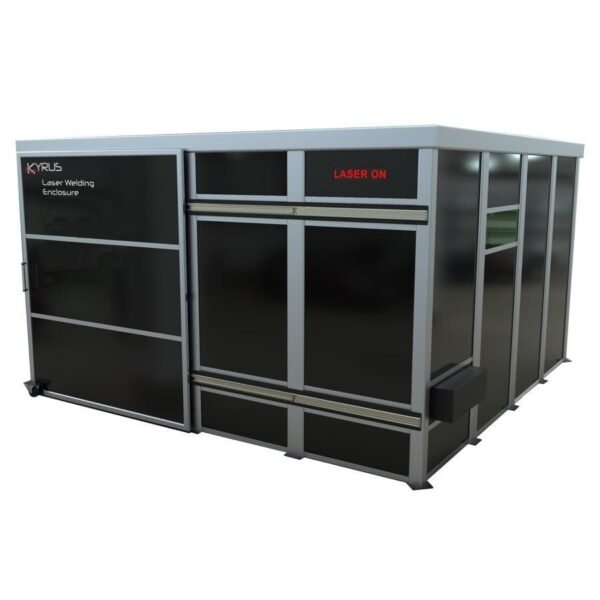 Black laser welding enclosure with safety features.