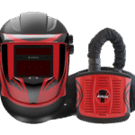 Red welding helmet and air filtration system.