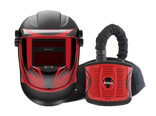 Red welding helmet and air filtration system.