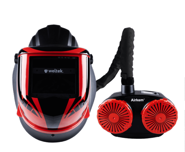 Welding helmet with air purification system.