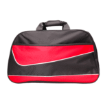 Black and red sports duffel bag with handle.