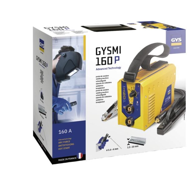 GYS 160P welding machine packaging and details.