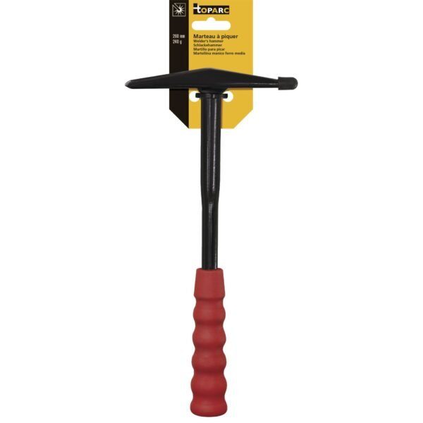 Welding hammer with textured red grip handle