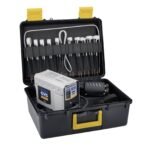 Tools and equipment in a black carrying case.