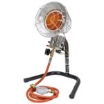 Portable propane heater with safety guard and hose.