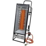 Portable heater with safety warning for high temperatures.