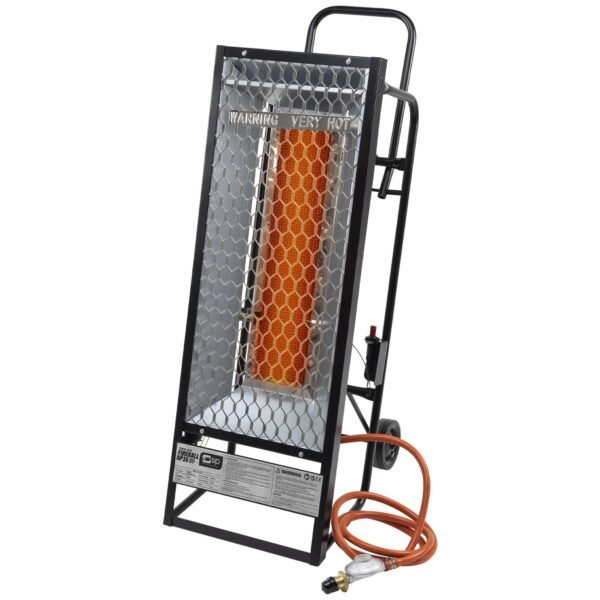 Portable heater with safety warning for high temperatures.
