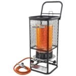 Portable propane heater with a protective mesh cover.